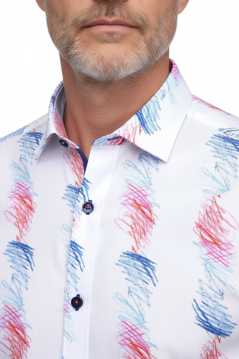 Vercini White Abstract Brush Stroke Button-Up Shirt – Modern Artistic Print Dress Shirt
