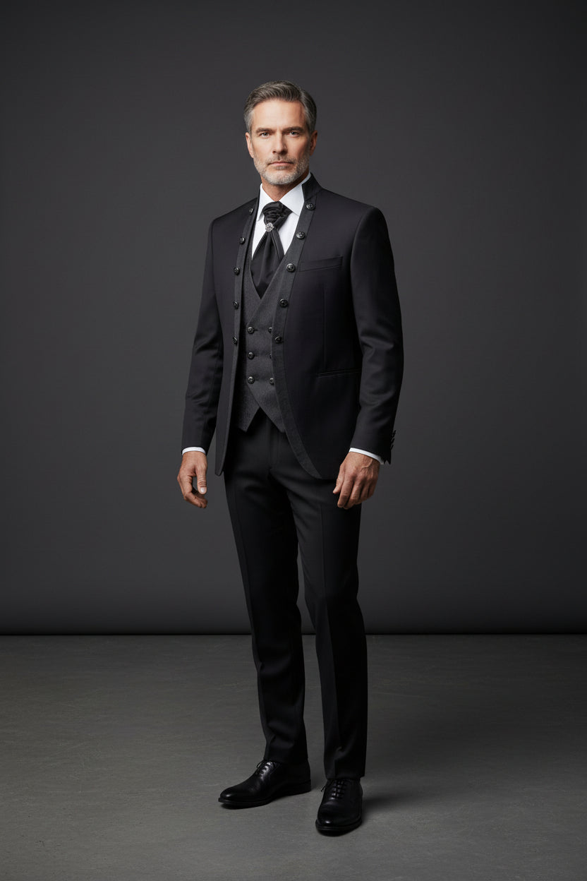 Black Tuxedo with Patterned Vest - Slim Fit