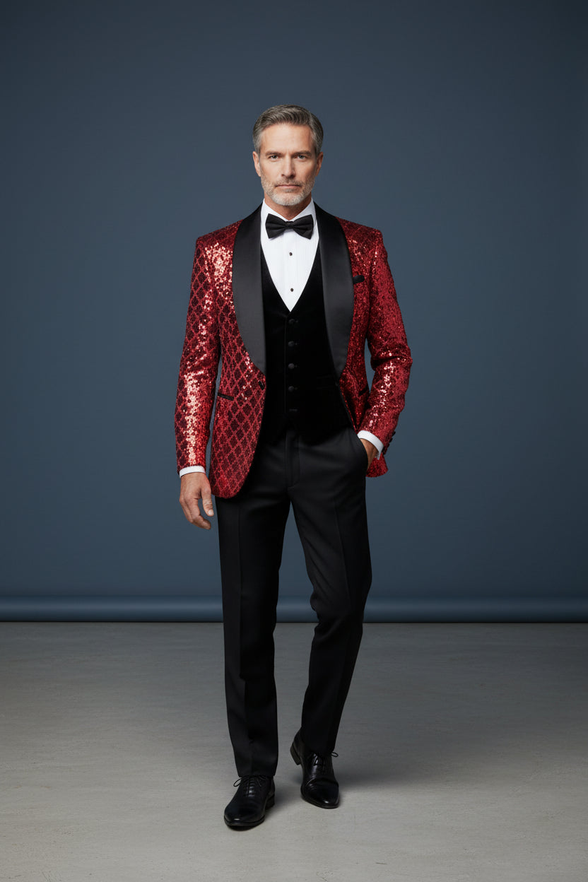 Geometric Splendor Vercini Tuxedo - Sequin Embellished Velvet Lapel