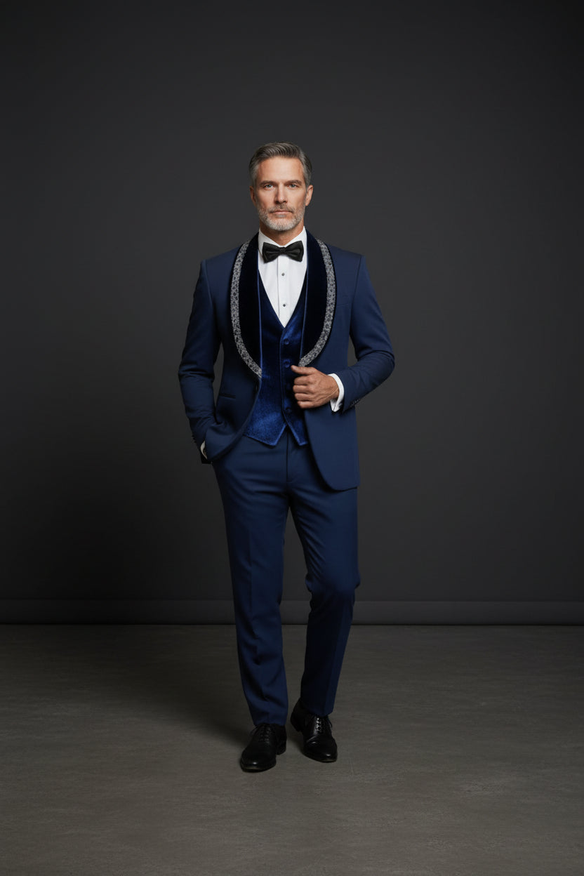 Men's Deep Blue Velvet Tuxedo with Crystal Embellished Lapel - Vercini