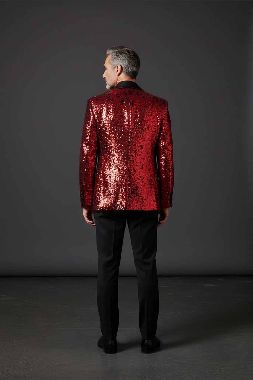 Sequin Tuxedo Jacket with Satin Lapels - Red Carpet Party Blazer