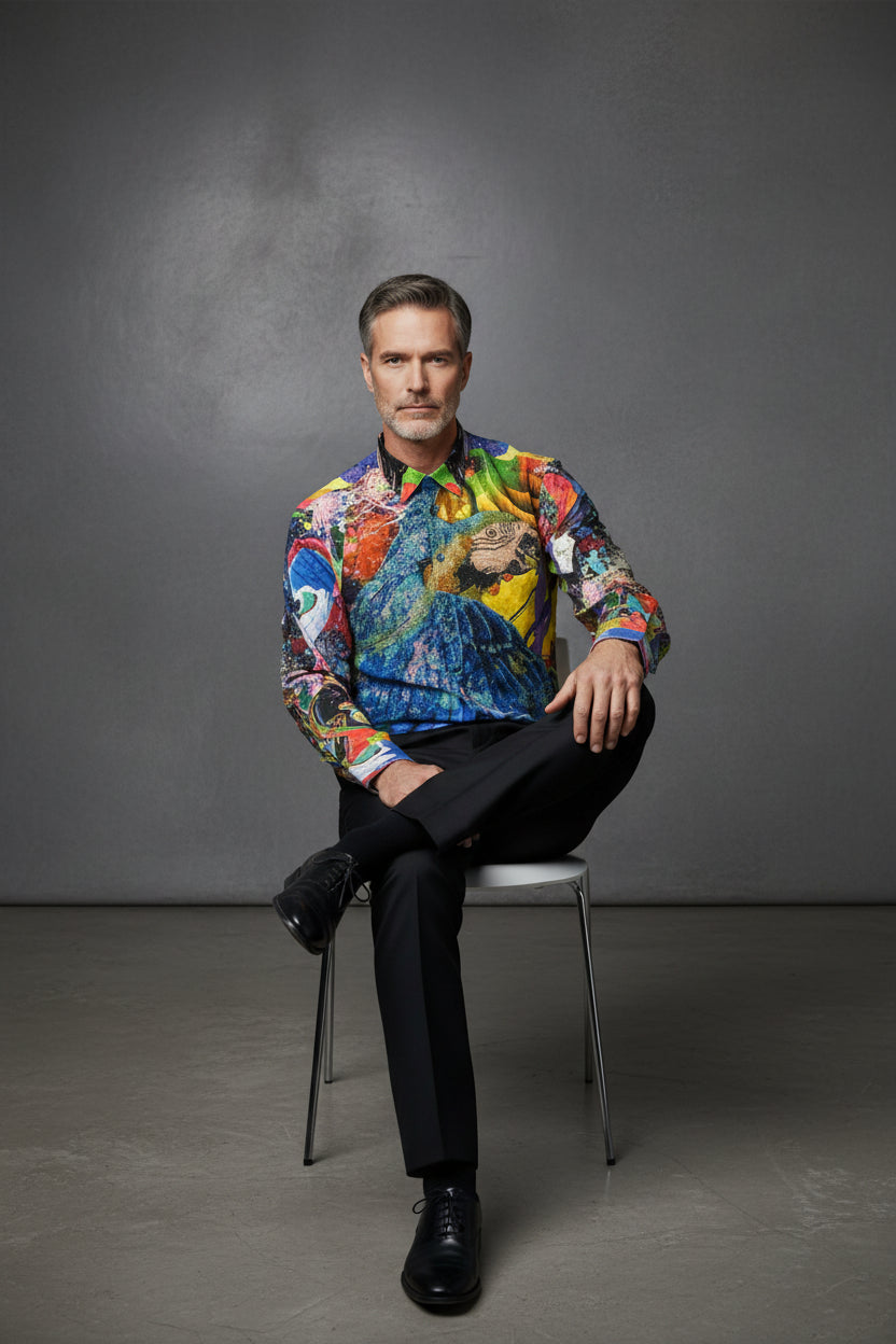 Tropical Parrot Print Luxury Shirt - Vibrant Blue Multi-Color Statement Piece