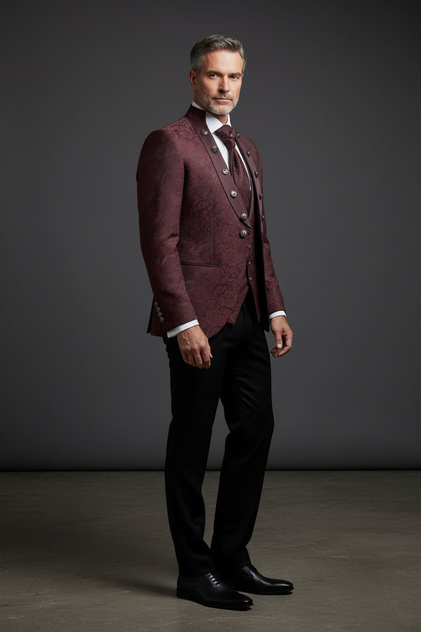 Burgundy Patterned Tuxedo - Slim Fit Collarless Tuxedo Suit for Men