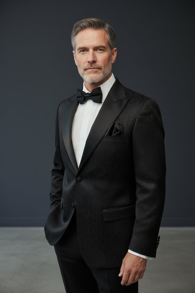 Black Patterned Tuxedo with Striking Pink Lining
