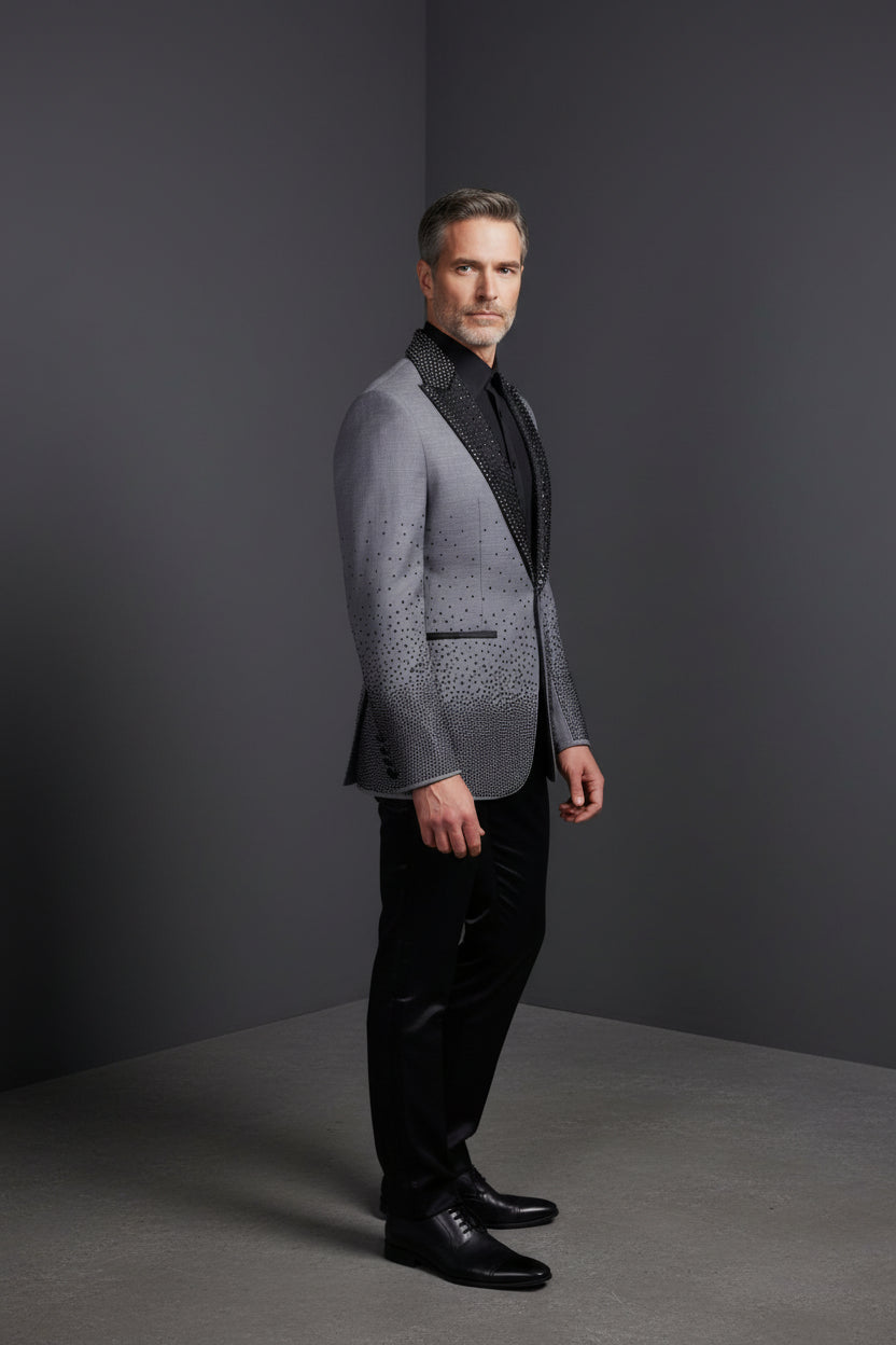 Men’s Slim-Fit Crystal-Embellished Blazer with Studded Quilted Lapels