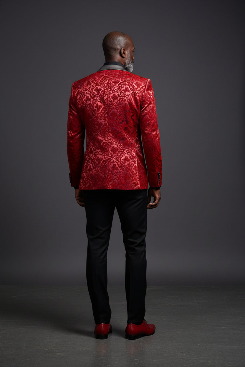 Vercini Men's Burgundy Velvet Floral Tuxedo Jacket