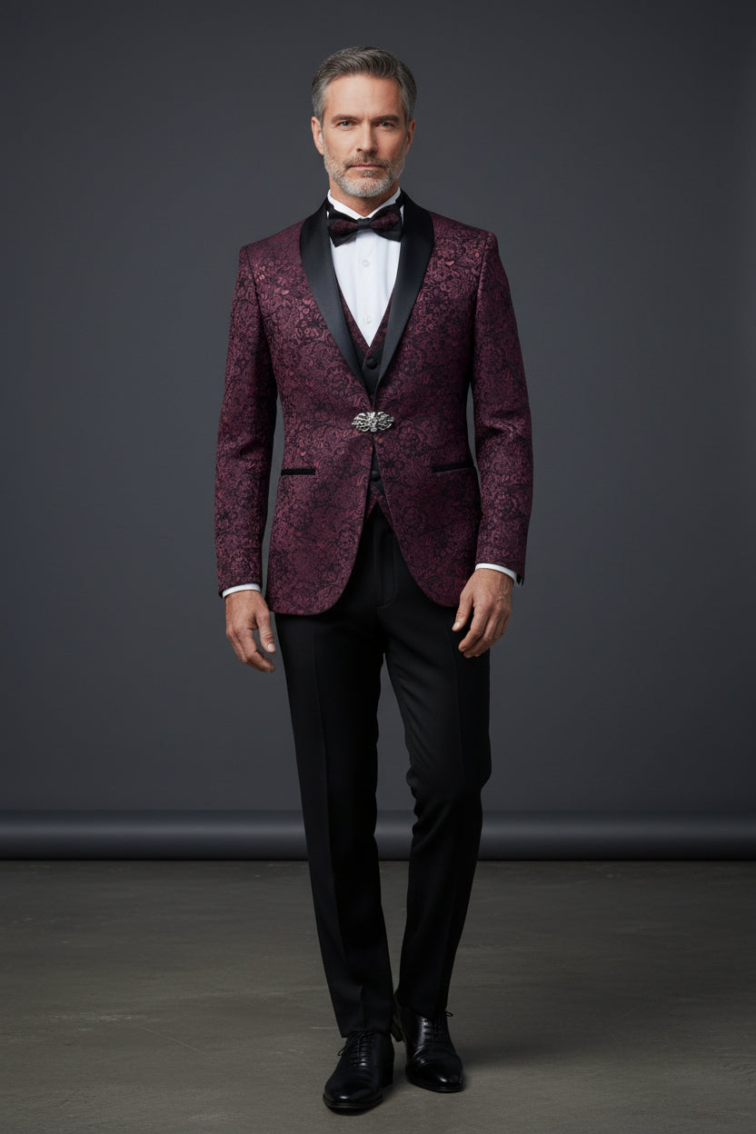 Burgundy Tuxedo with Crochet Pattern - Slim Fit