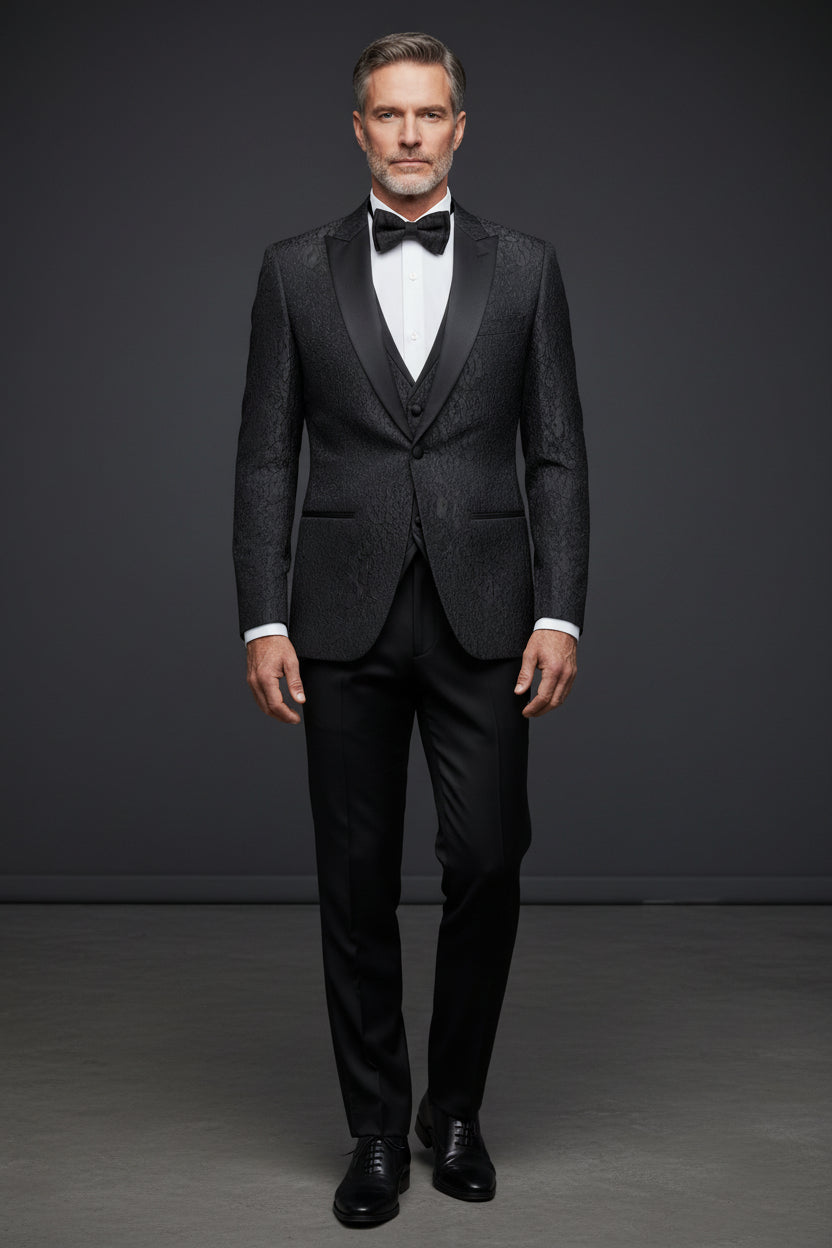 Elegant Texture Black Crochet Tuxedo - Slim Fit No-Collar Design