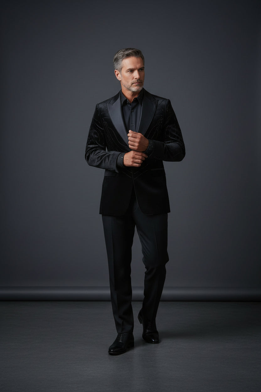Men’s Black Velvet Statement Jacket with Crystal Detailing
