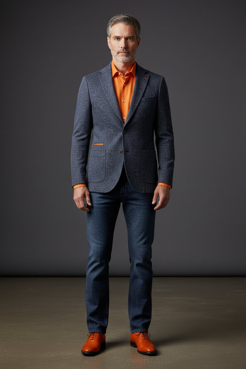 Navy Speckled Single-Breasted Blazer with Orange Detailing