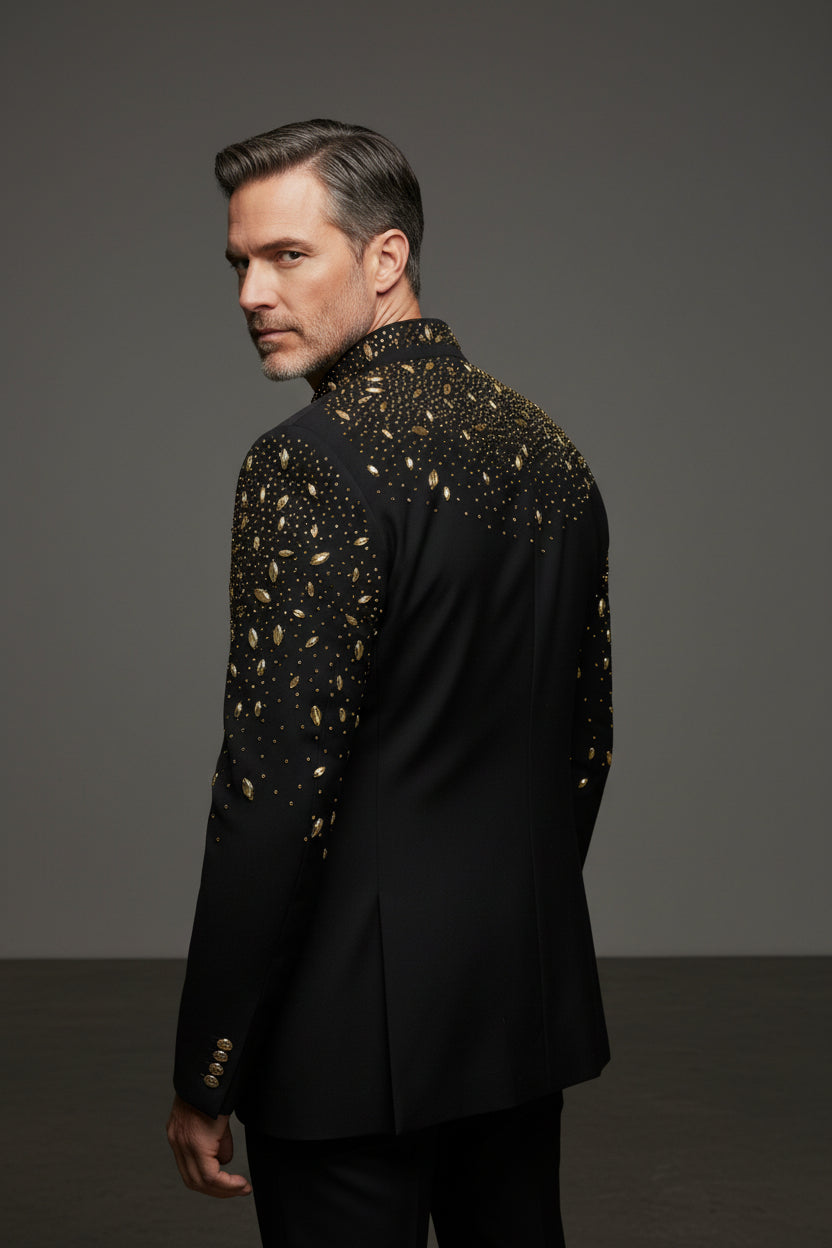 Tears in Heaven Black and Gold Rhinestone Slim Fit Dinner Blazer