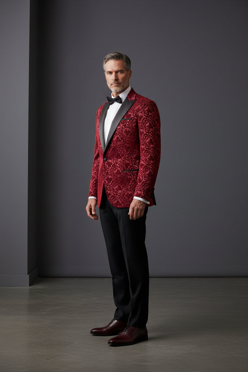 Vercini Men's Burgundy Velvet Floral Tuxedo Jacket