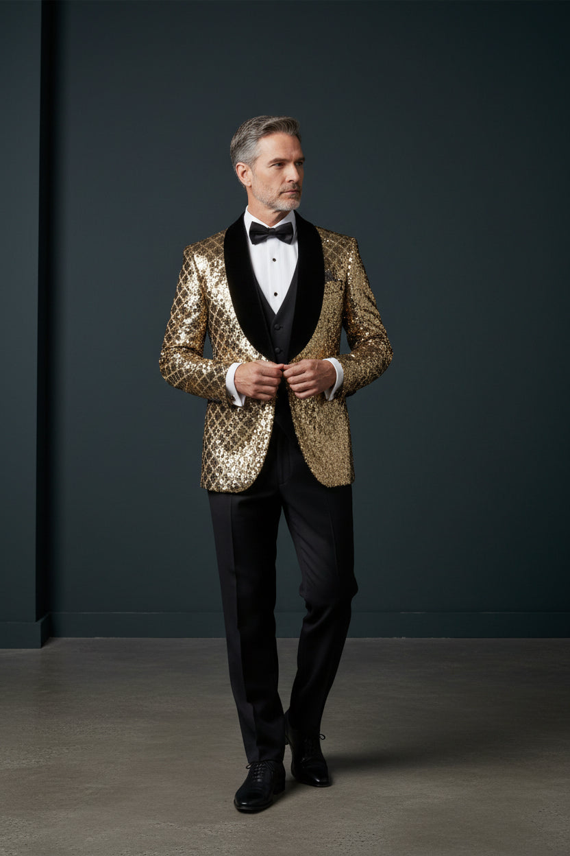Geometric Splendor Vercini Tuxedo - Sequin Embellished Velvet Lapel