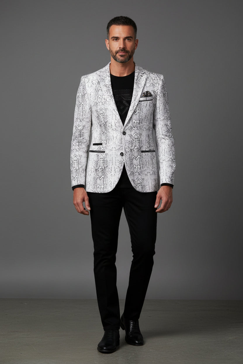 Men's Serpent Print Tailored Jacket in White & Black
