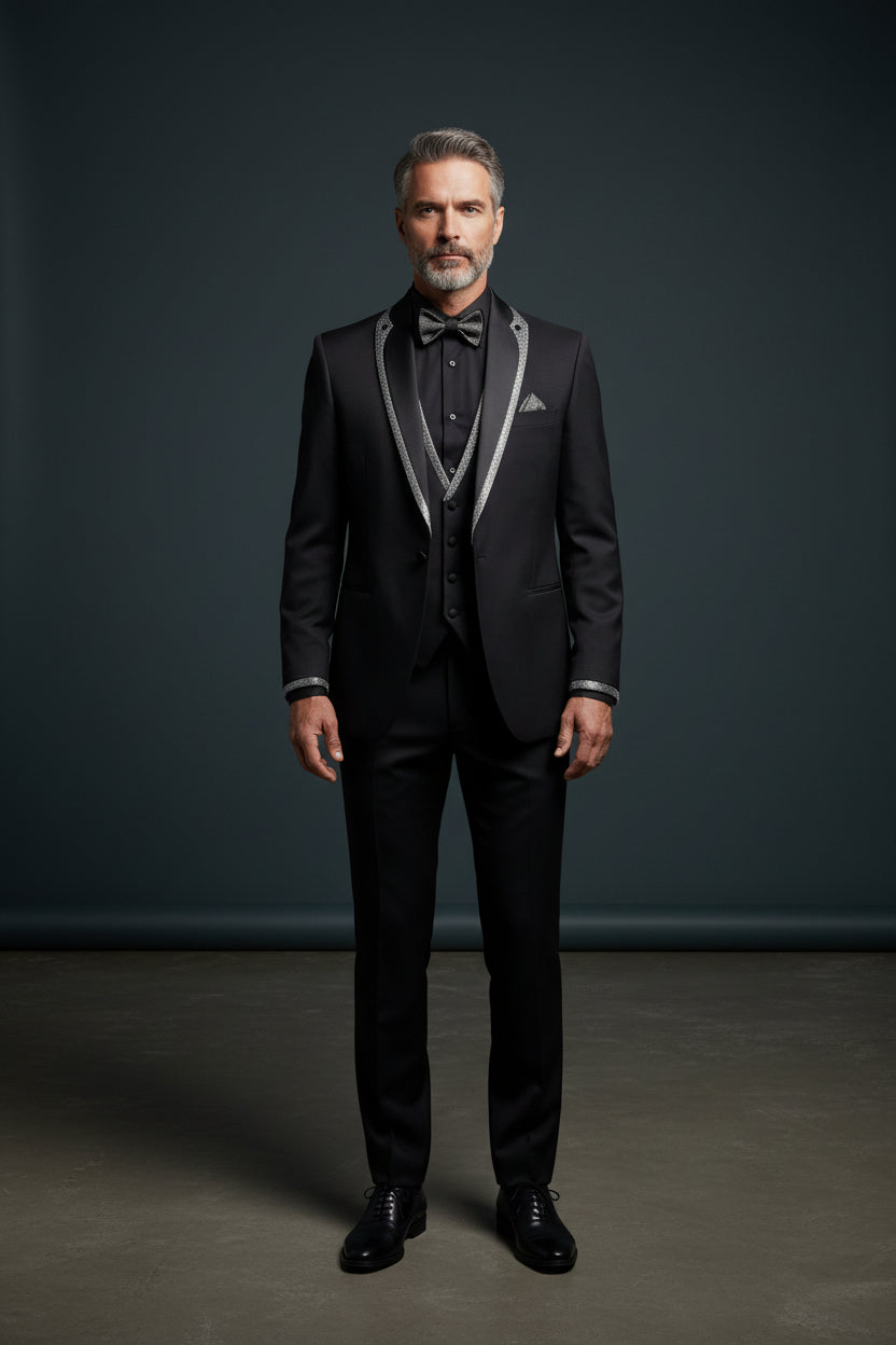 Vercini Evening Tuxedo featuring a sleek shawl lapel adorned with a striking shiny red trim.g