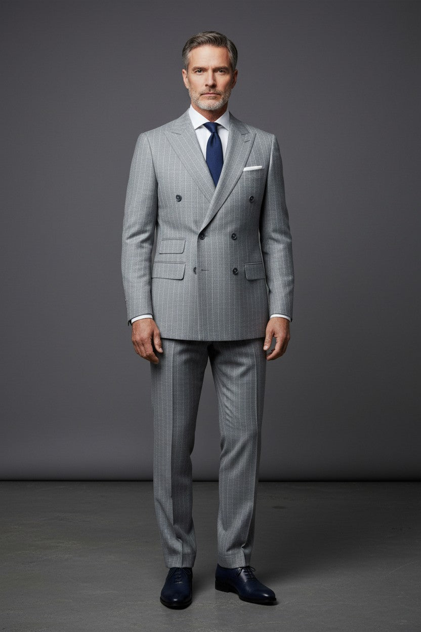 Double-Breasted Grey Suit – Classic Sophistication and Modern Charm