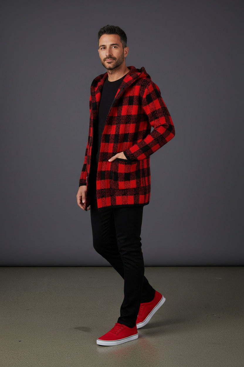 Red & Black Checkered With Hood Full Zip