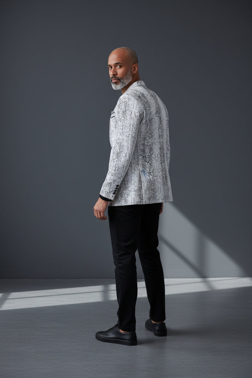 Men's Serpent Print Tailored Jacket in White & Black