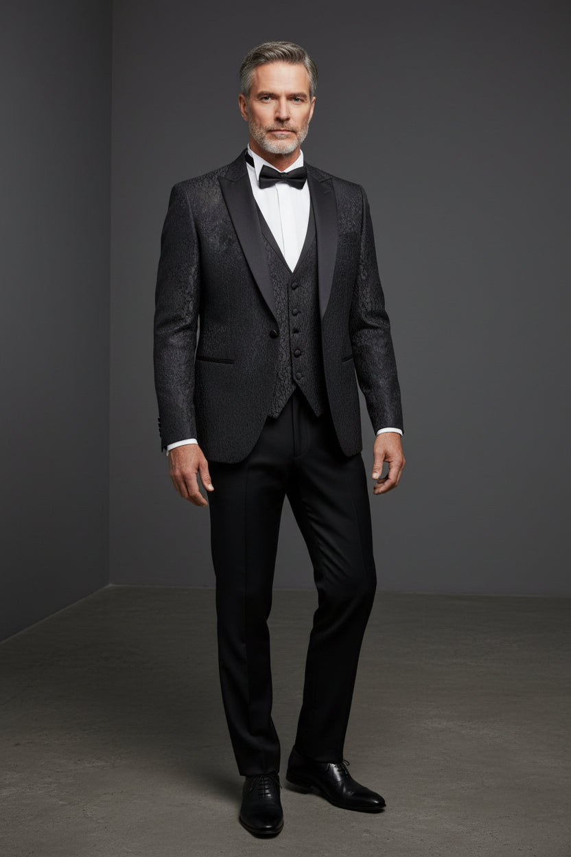 Elegant Texture Black Crochet Tuxedo - Slim Fit No-Collar Design