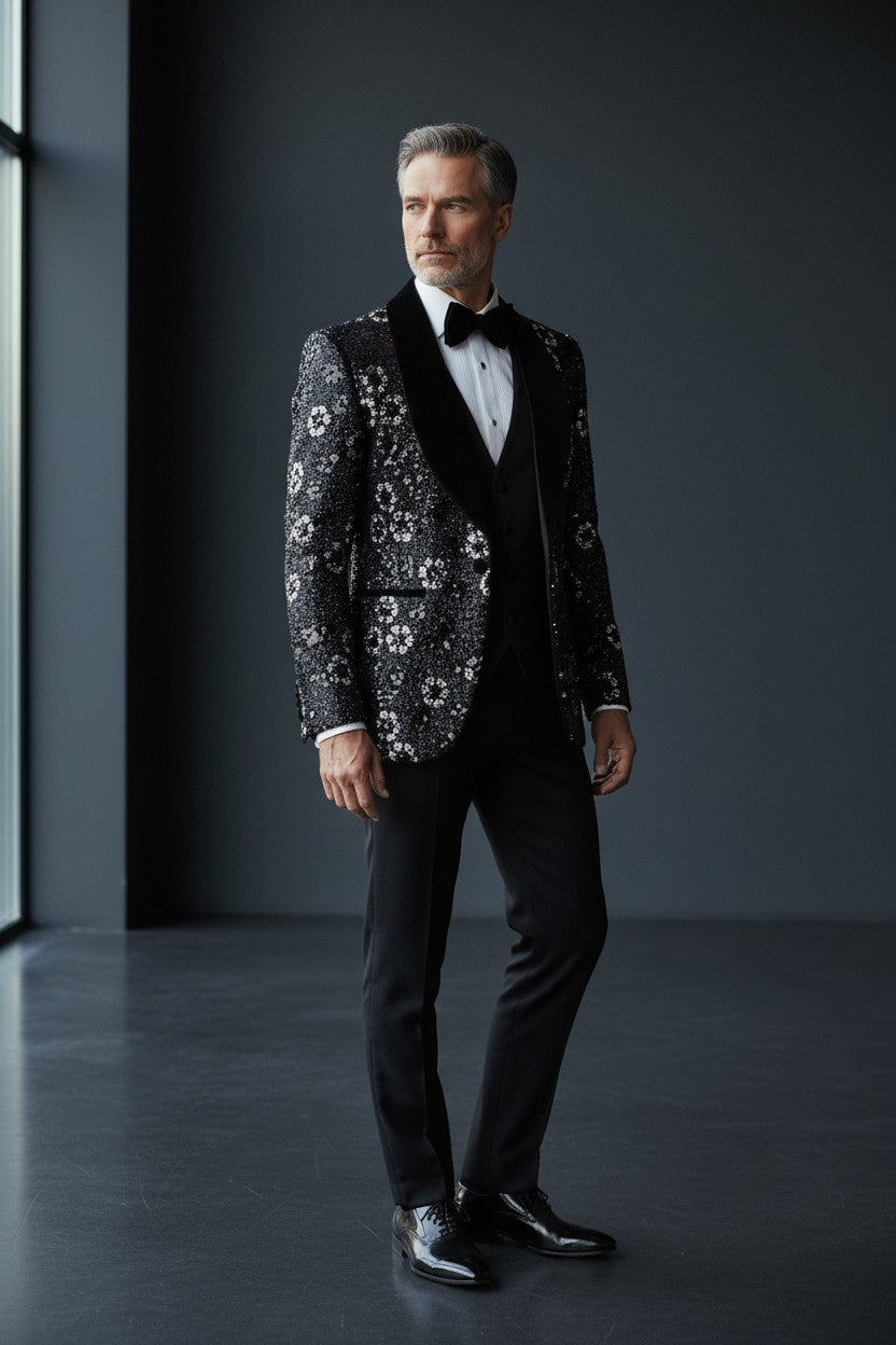 Floral Spark Sequined Tuxedo - Midnight Gray