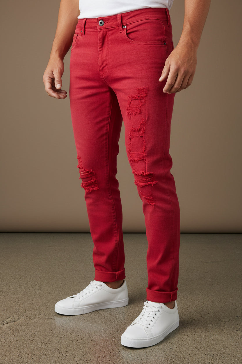 Red Distressed Denim Jeans