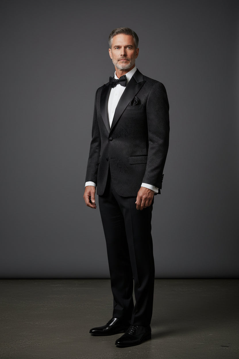 Black Patterned Tuxedo with Striking Pink Lining