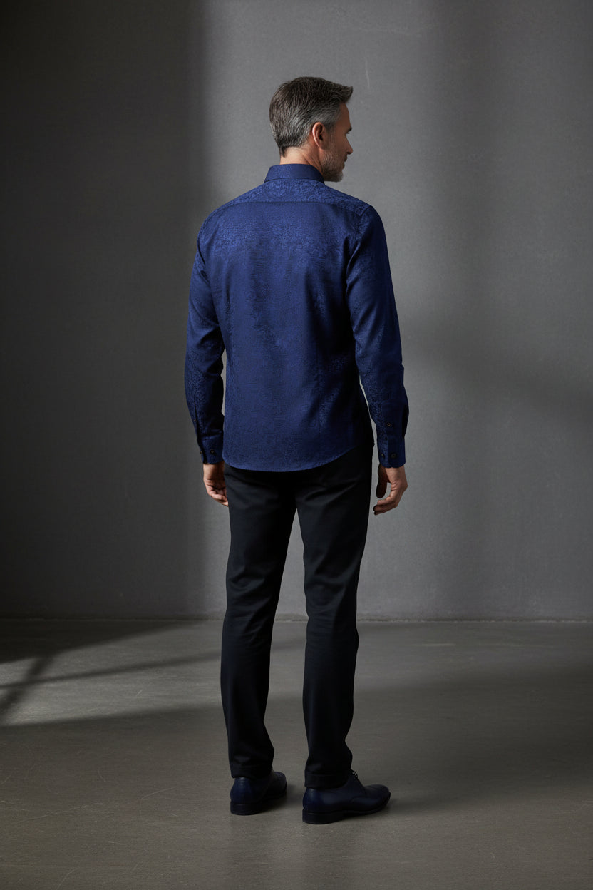 Vercini Men’s Royal Blue Damask Cotton Shirt with Yellow Geometric Accents