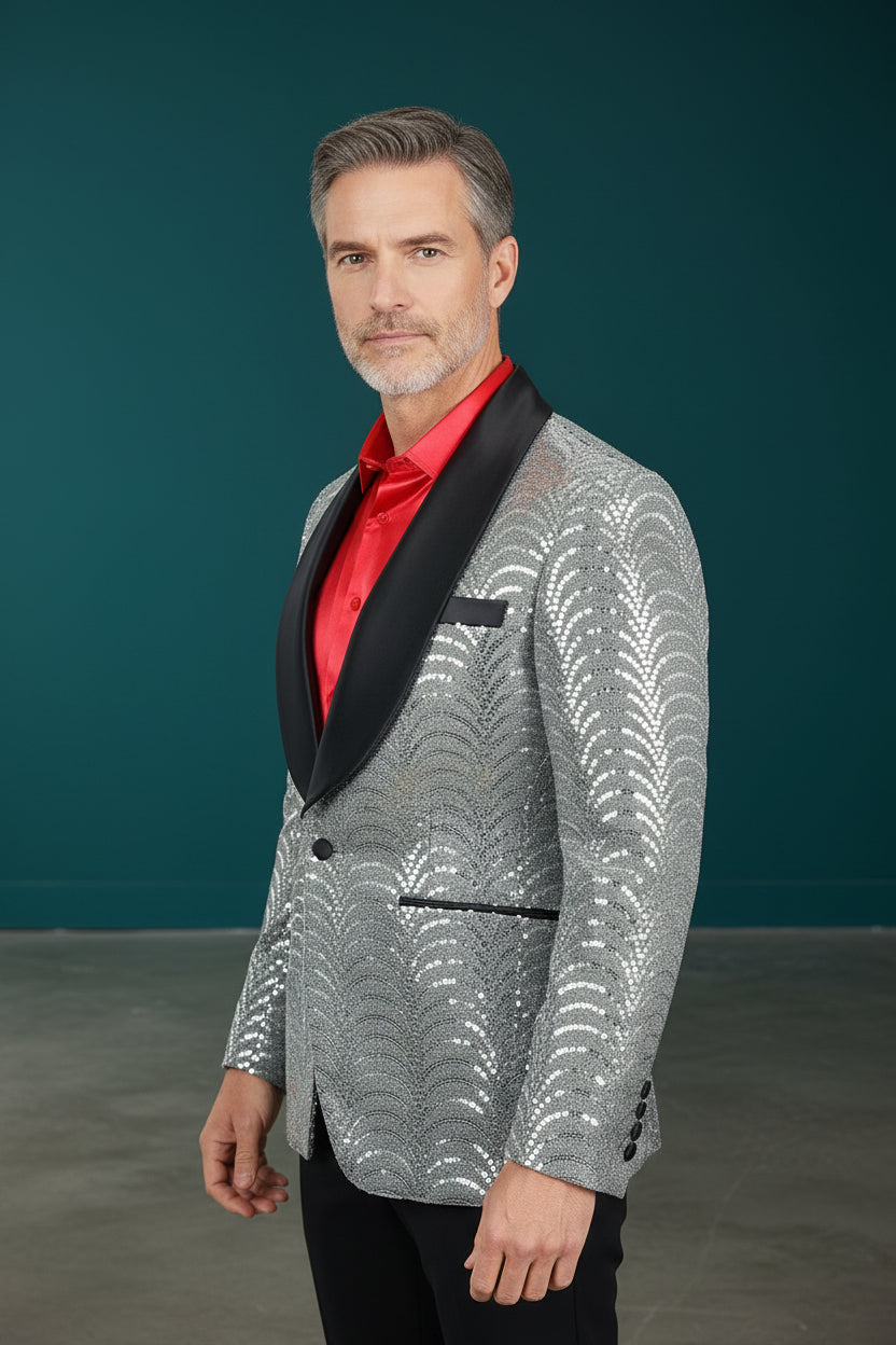 Men's Silver Sequin Blazer - Slim Fit Shawl Lapel Formal Jacket