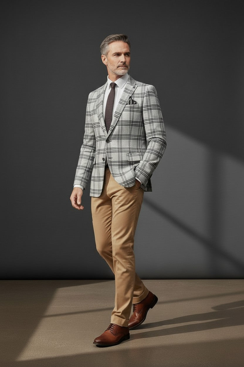 Men's Cream Plaid Suit with Bow Tie - Classic Tailored Blazer Set