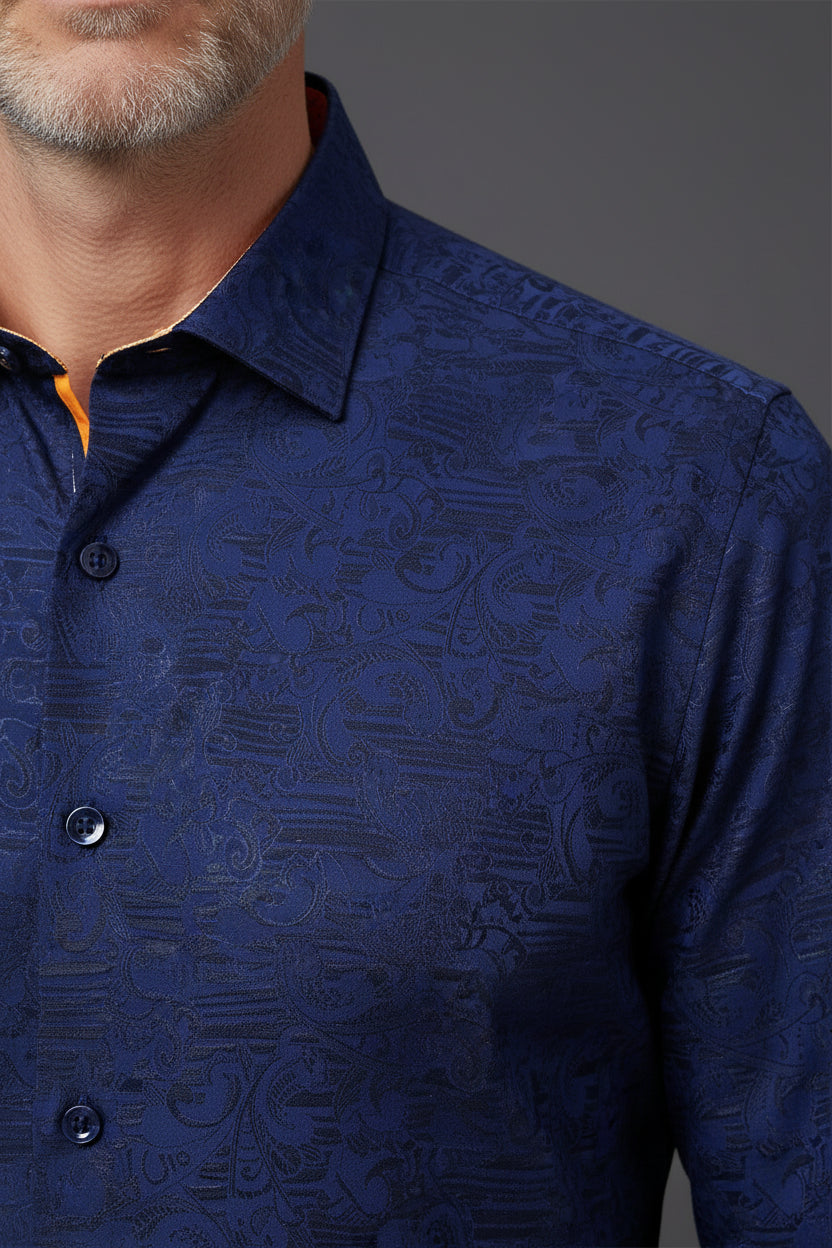 Vercini Men’s Royal Blue Damask Cotton Shirt with Yellow Geometric Accents