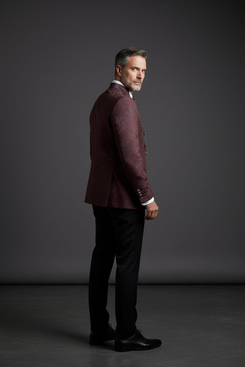 Burgundy Patterned Tuxedo - Slim Fit Collarless Tuxedo Suit for Men
