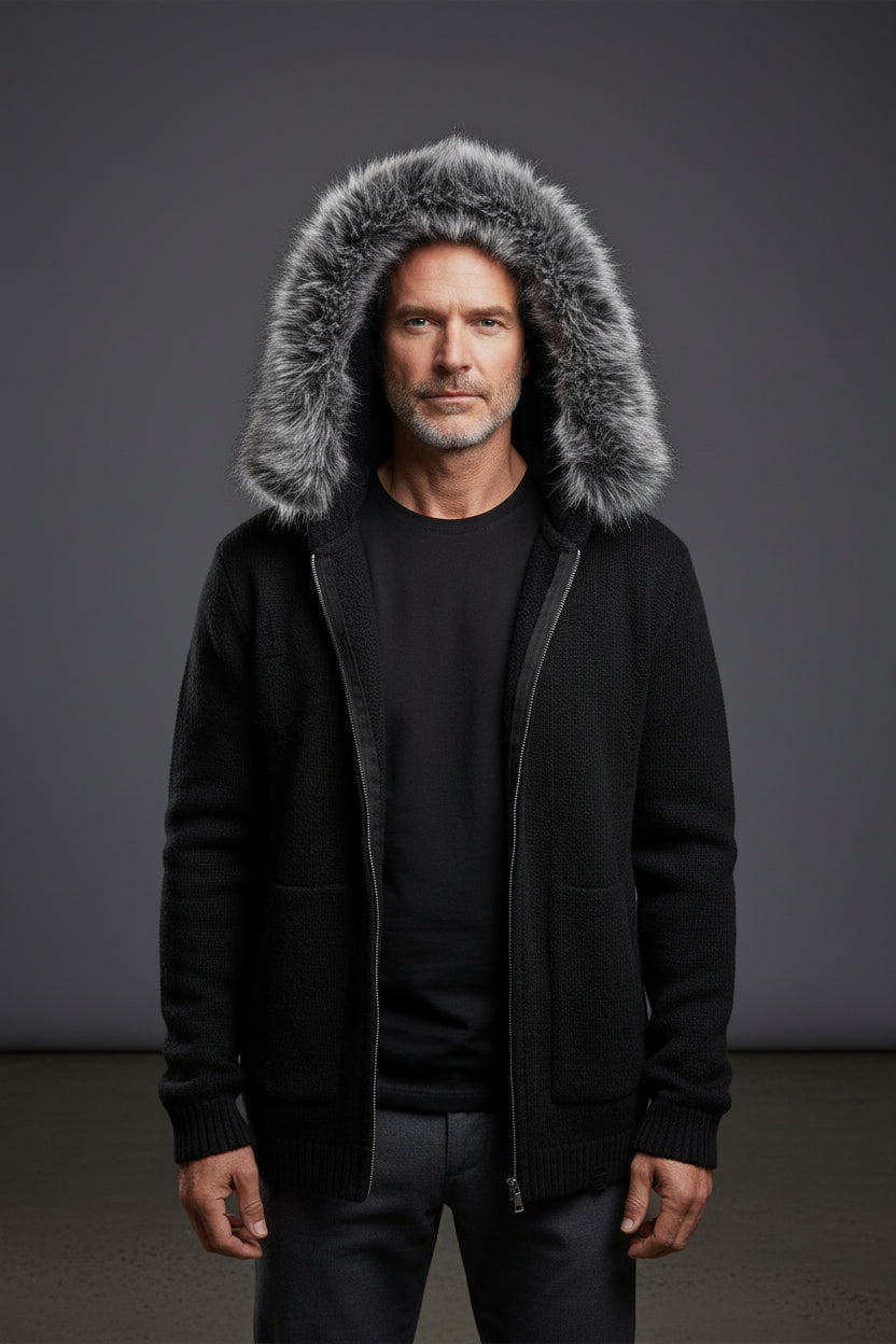 Fur-Trimmed Hooded Long Cardigan