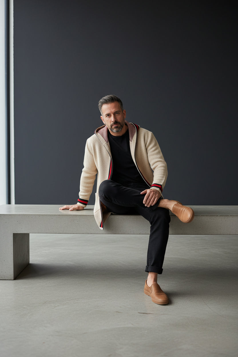 Cream Cardigan With Black and red Stripe