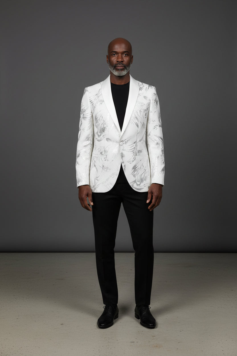 Vercini Monarch Brush Tuxedo Jacket - Black Shawl Lapel Blazer with Silver Abstract Design