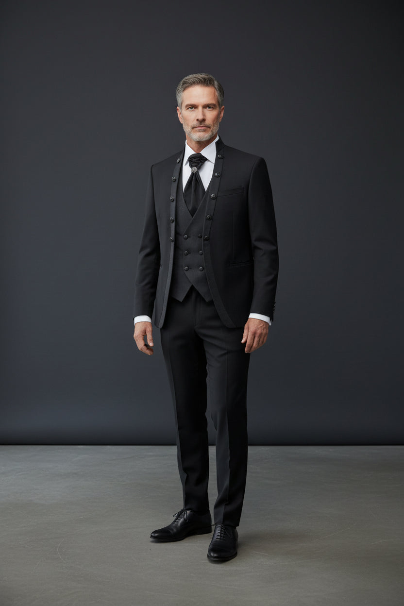 Black Tuxedo with Patterned Vest - Slim Fit