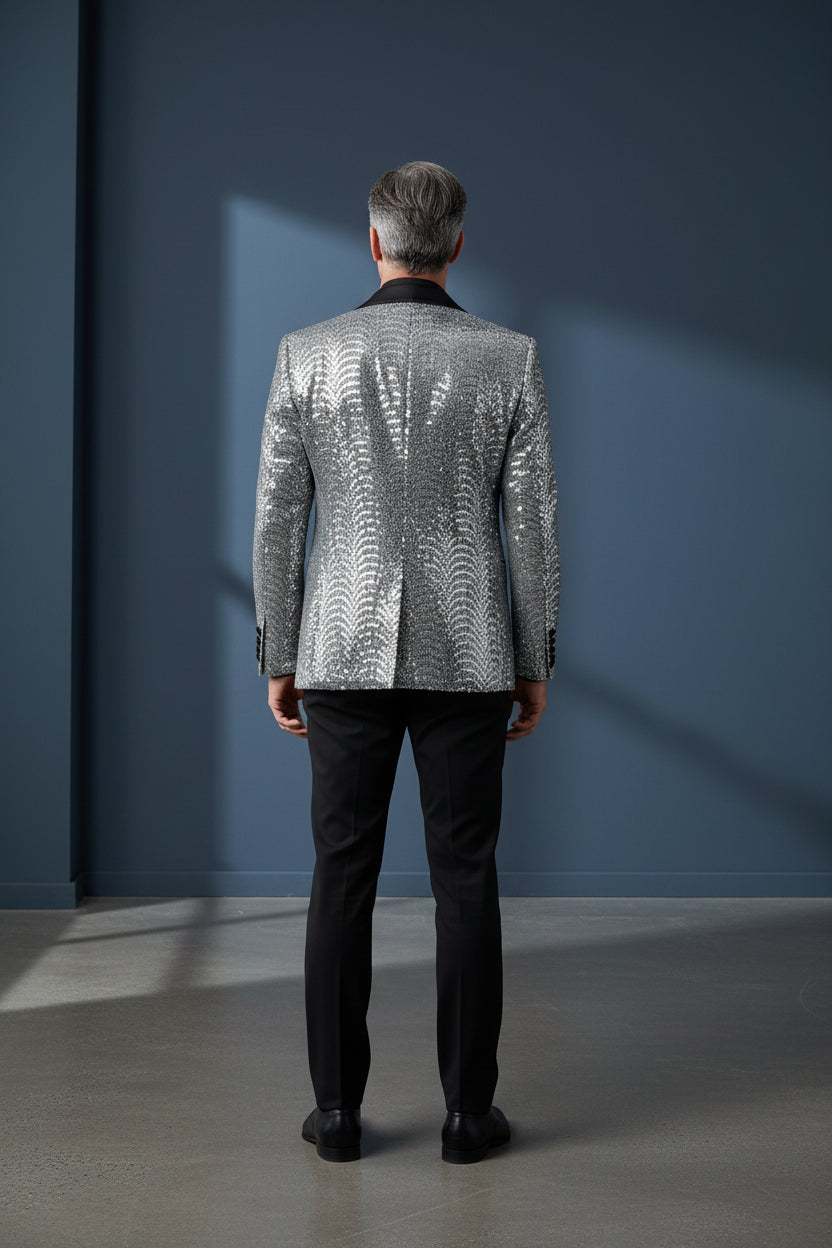 Men's Silver Sequin Blazer - Slim Fit Shawl Lapel Formal Jacket