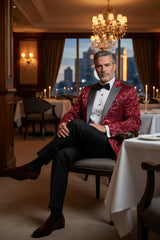 Vercini Men's Burgundy Velvet Floral Tuxedo Jacket
