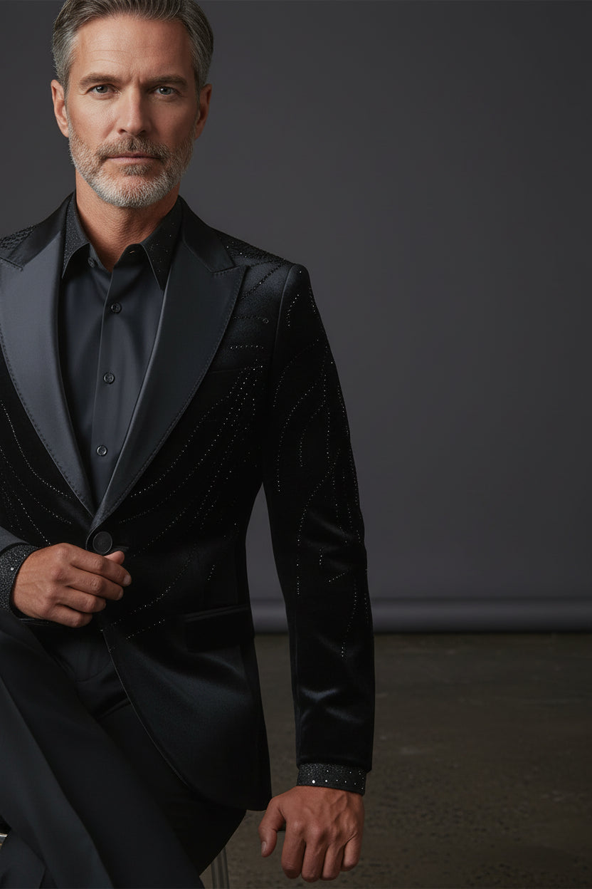 Men’s Black Velvet Statement Jacket with Crystal Detailing
