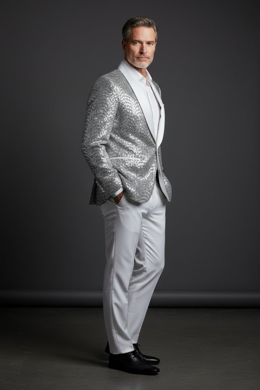 Men's Silver Sequin Blazer - Slim Fit Shawl Lapel Formal Jacket