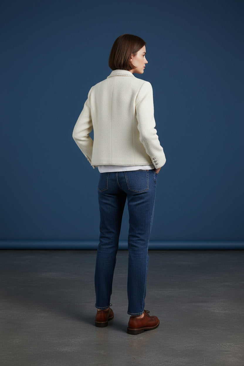 Ivory Pearl-Embellished Tweed Jacket
