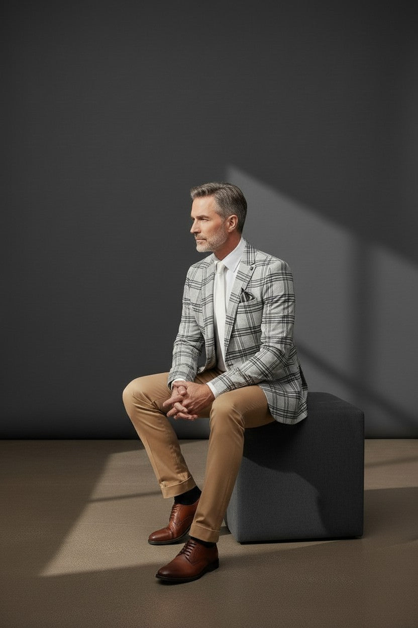 Men's Cream Plaid Suit with Bow Tie - Classic Tailored Blazer Set