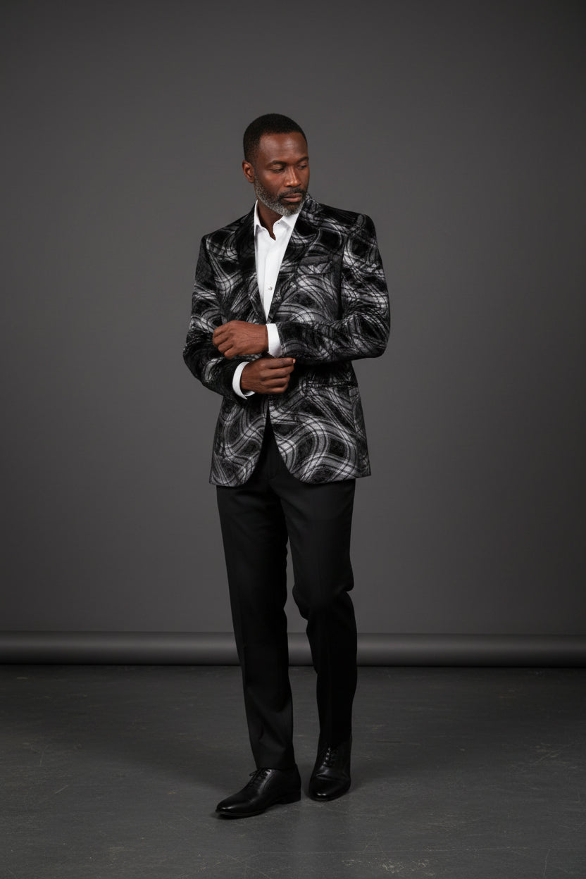 Vercini Abstract Brushstroke Blazer - Black White Gray Velvet Luxury Jacket