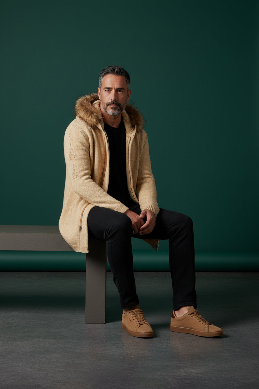 Fur-Trimmed Hooded Long Cardigan