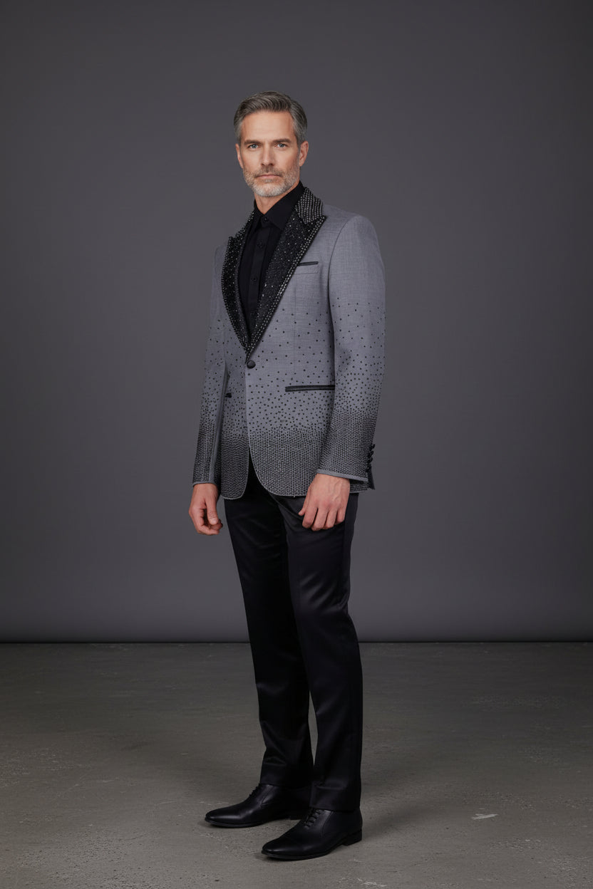 Men’s Slim-Fit Crystal-Embellished Blazer with Studded Quilted Lapels