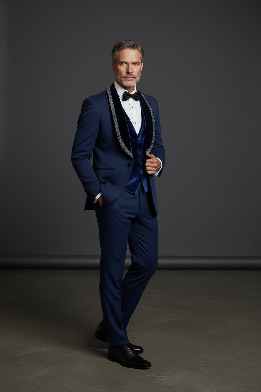 Men's Deep Blue Velvet Tuxedo with Crystal Embellished Lapel - Vercini
