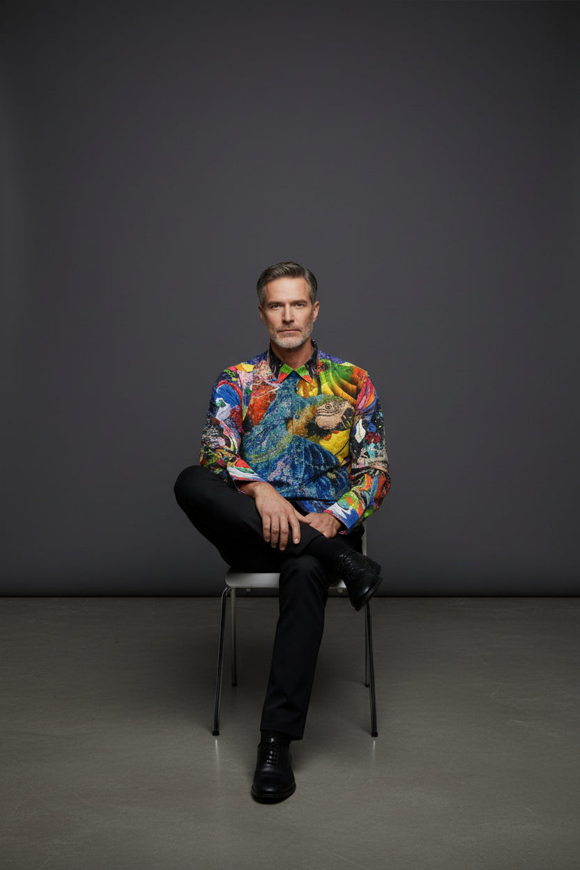 Tropical Parrot Print Luxury Shirt - Vibrant Blue Multi-Color Statement Piece