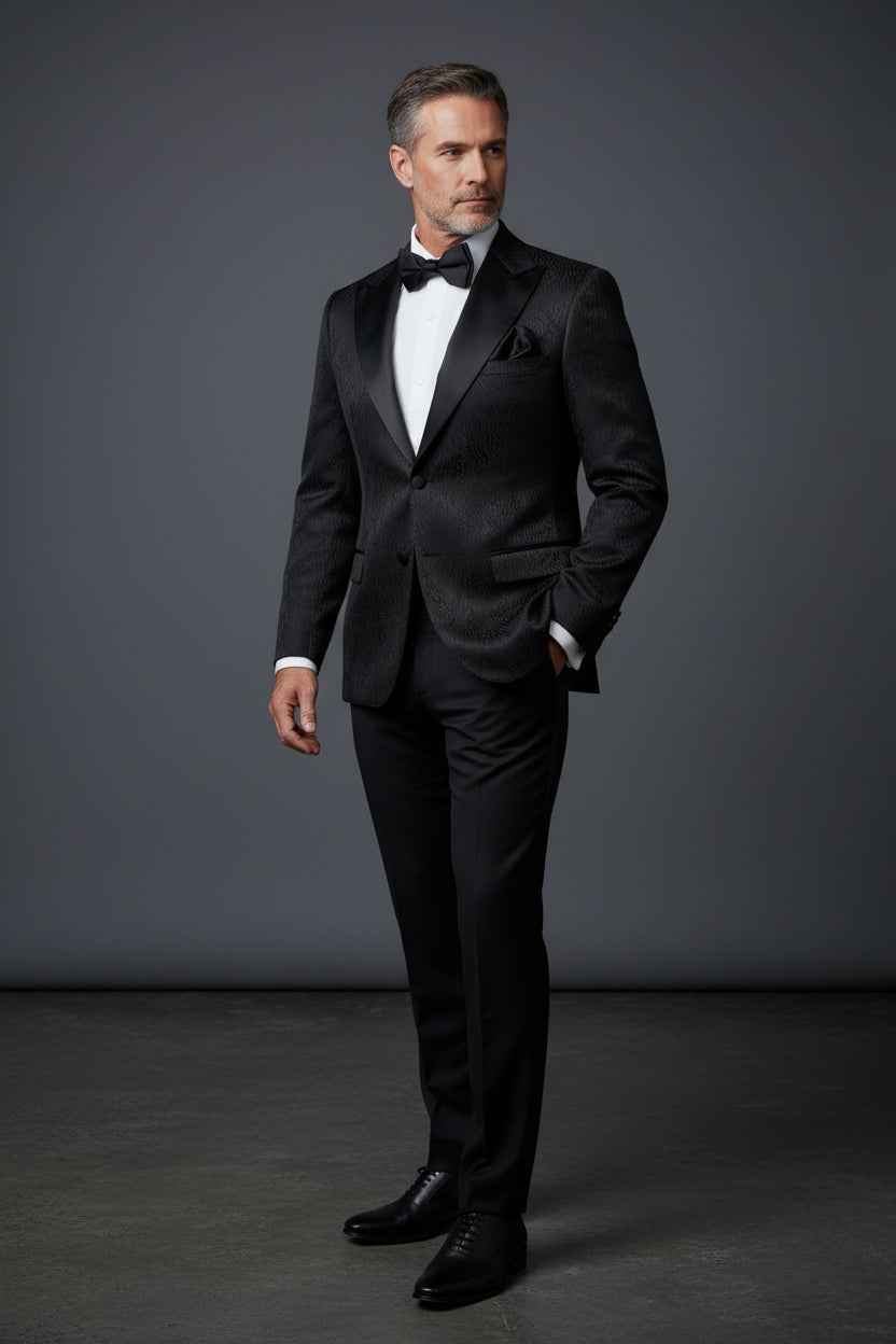 Black Patterned Tuxedo with Striking Pink Lining
