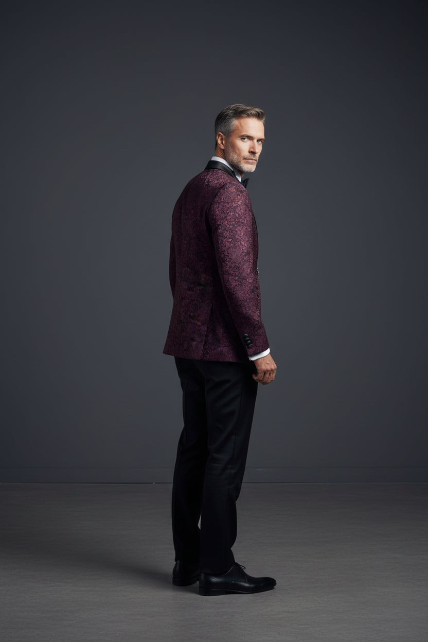 Burgundy Tuxedo with Crochet Pattern - Slim Fit