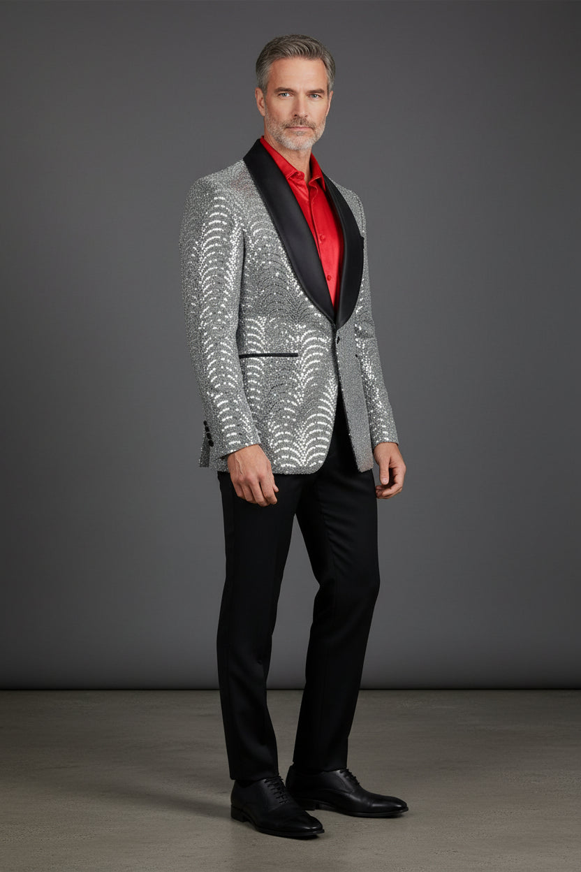 Men's Silver Sequin Blazer - Slim Fit Shawl Lapel Formal Jacket