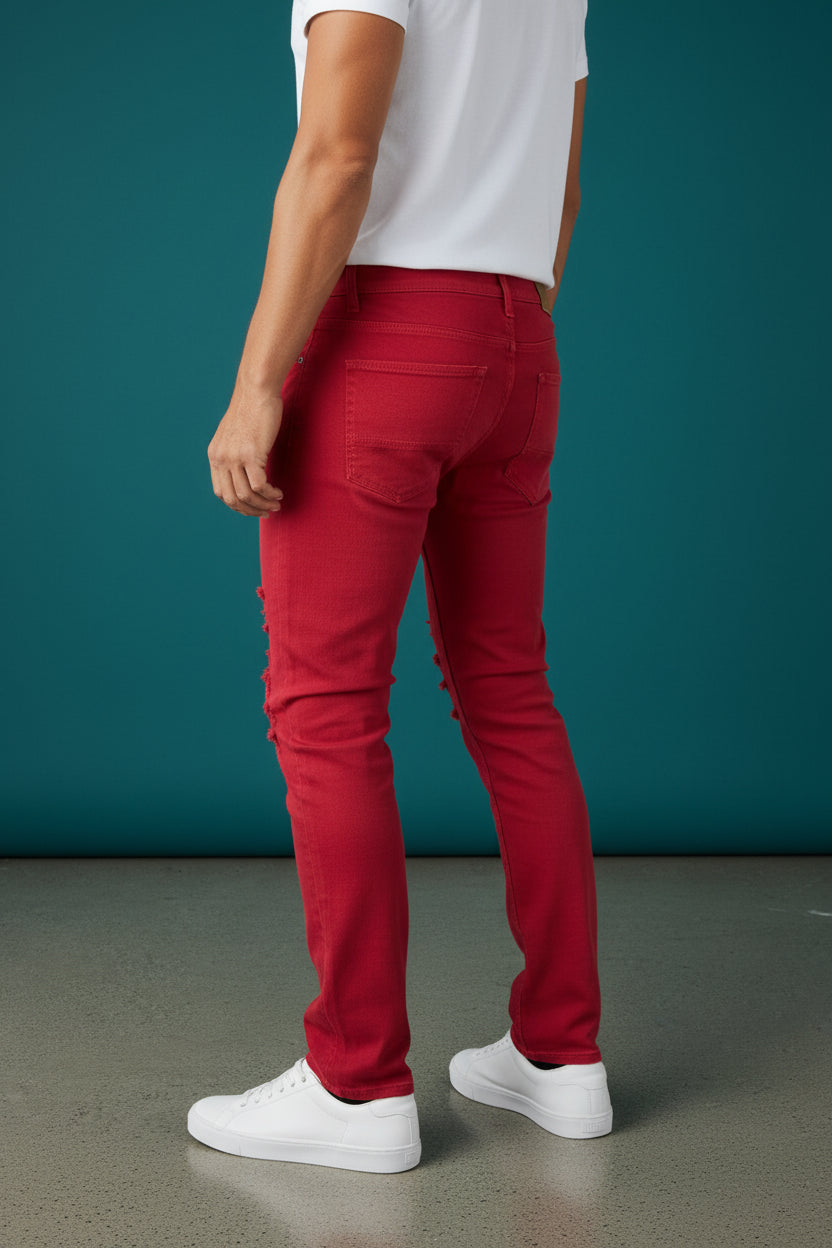 Red Distressed Denim Jeans